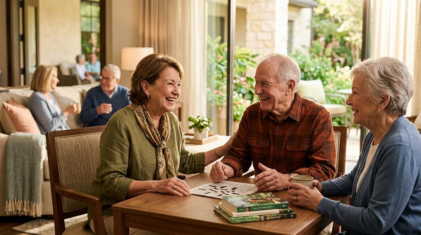 Seniors enjoy a chat in an assisted living community.