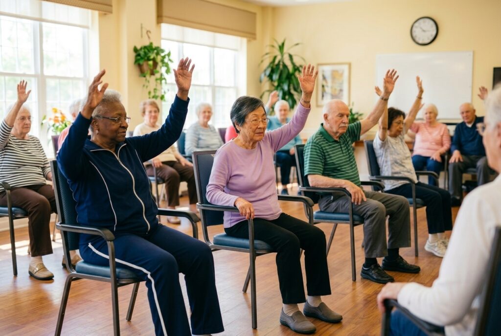 A group of older adults sitting in chairs raising one arm during a seated exercise class in a bright community room.