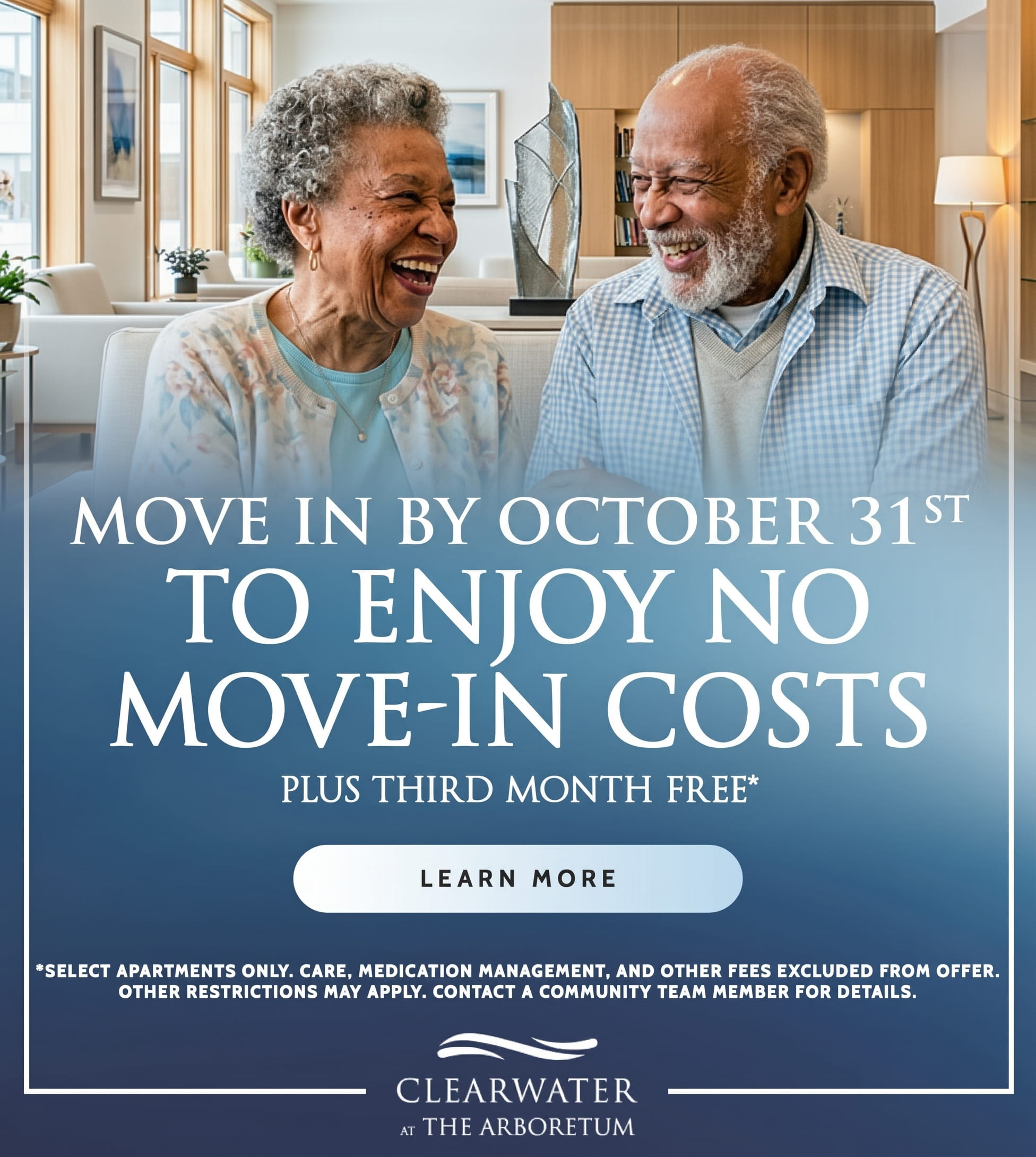 Happy elderly couple laughing together on a sofa in a bright living room, with a blue gradient overlay promoting moving-in costs and a prominent